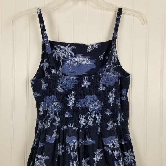 Romper Linen Smocked Wide Leg Cropped Pockets Blue Jumpsuit Scenic Print - Picture 10 of 13